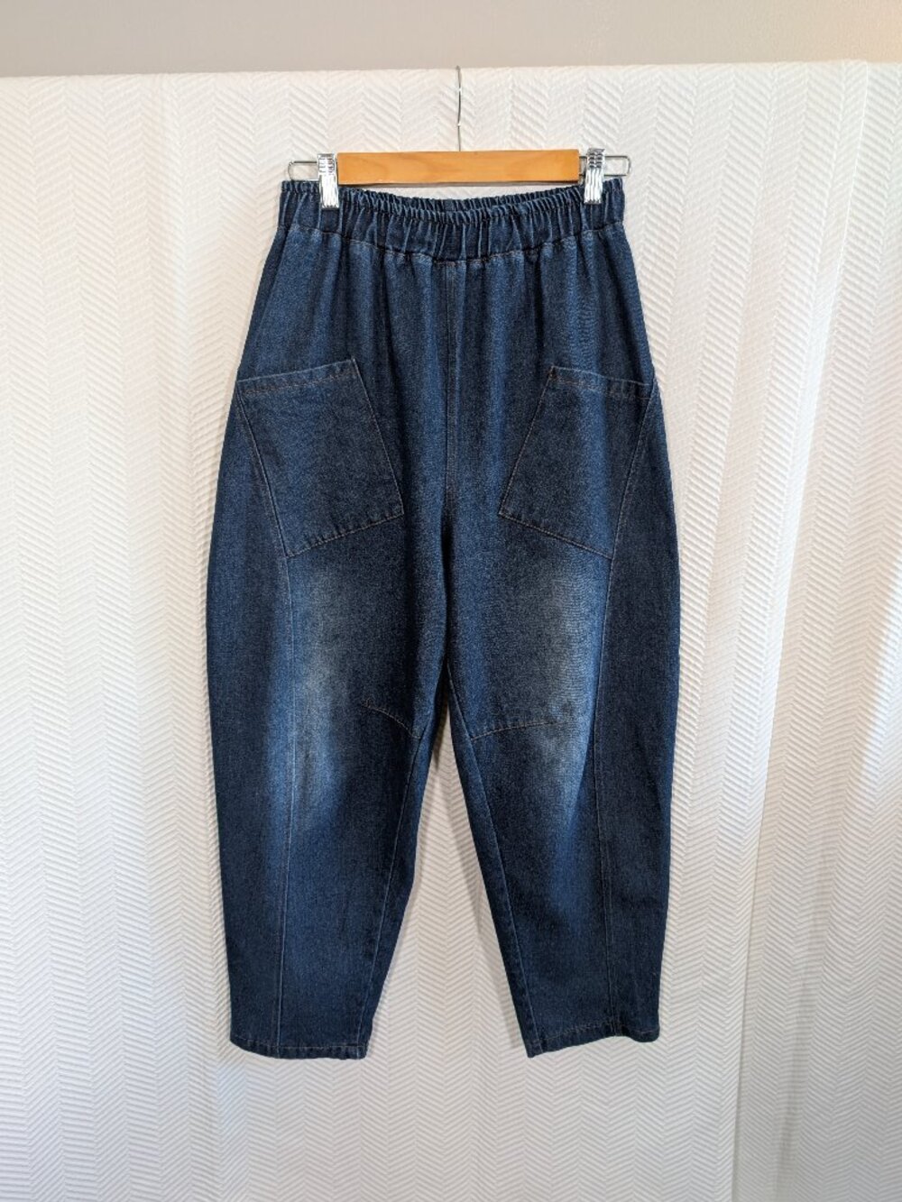 Balloon Barrel‑Leg Elastic Waist Denim Pants Blue Jean Crop Small (Estimated)